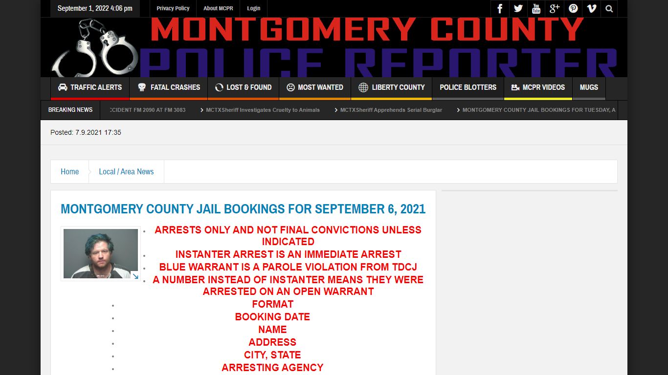 MONTGOMERY COUNTY JAIL BOOKINGS FOR SEPTEMBER 6, 2021